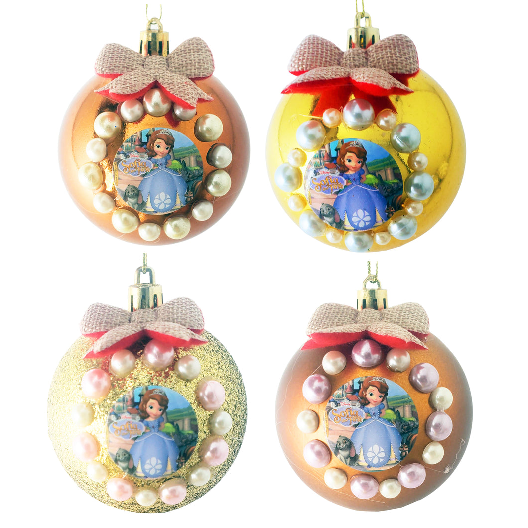 Set Globuri de Craciun Disney pentru Copii Brad Pom Printesa Sofia Intai the First Mov Pearl Metal 4 buc 8 cm