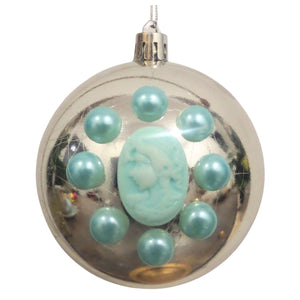 Set Globuri de Craciun Vintage cu Lady Camee 3D si Perle Ornamente de Brad Pom Argintiu-Turcoaz 6 buc 8 cm Lucios