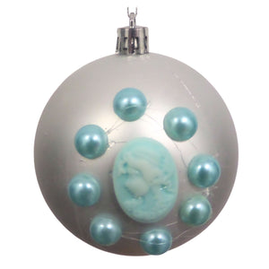 Set Globuri de Craciun Vintage cu Lady Camee 3D si Perle Ornamente de Brad Pom Argintiu-Turcoaz 6 buc 8 cm Mate