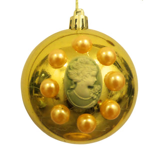 Set Globuri de Craciun Vintage cu Lady Camee 3D si Perle Ornamente de Brad Pom Auriu-Galben 6 buc 8 cm lucioase