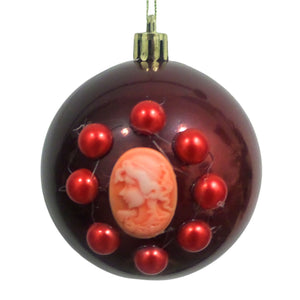 Set Globuri de Craciun Vintage cu Lady Camee 3D si Perle Ornamente de Brad Pom Visiniu-Portocaliu 6 buc 8 cm mate