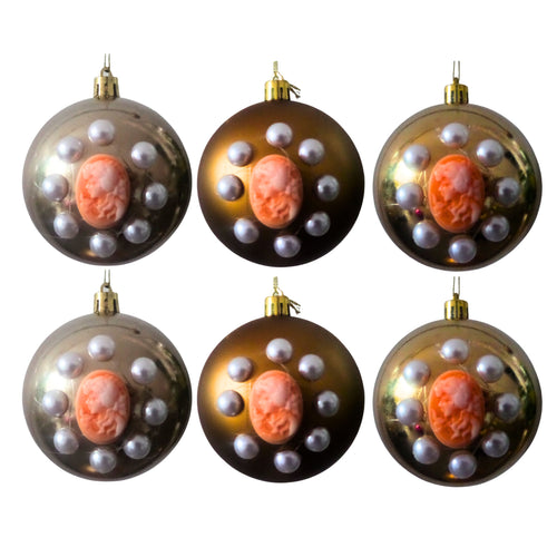 Set Globuri de Craciun Vintage cu Lady Camee 3D si Perle Ornamente de Brad Pom Bronz-Portocaliu 6 buc 8 cm