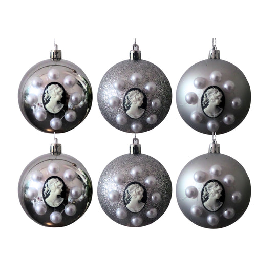 Set Globuri de Craciun Vintage cu Lady Camee 3D si Perle Ornamente de Brad Pom Argintiu-Silver 6 buc 8 cm