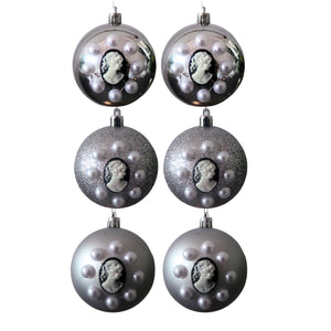 Set Globuri de Craciun Vintage cu Lady Camee 3D si Perle Ornamente de Brad Pom Argintiu-Silver 6 buc 8 cm Doamne