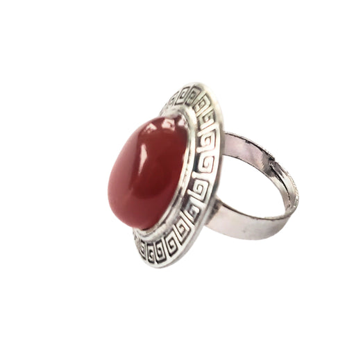 Bijuterie Inel Reglabil cu Pietre Semi-Pretioase Cabochon Oval din Argint Tibetan si Carneol Carmin Rosu