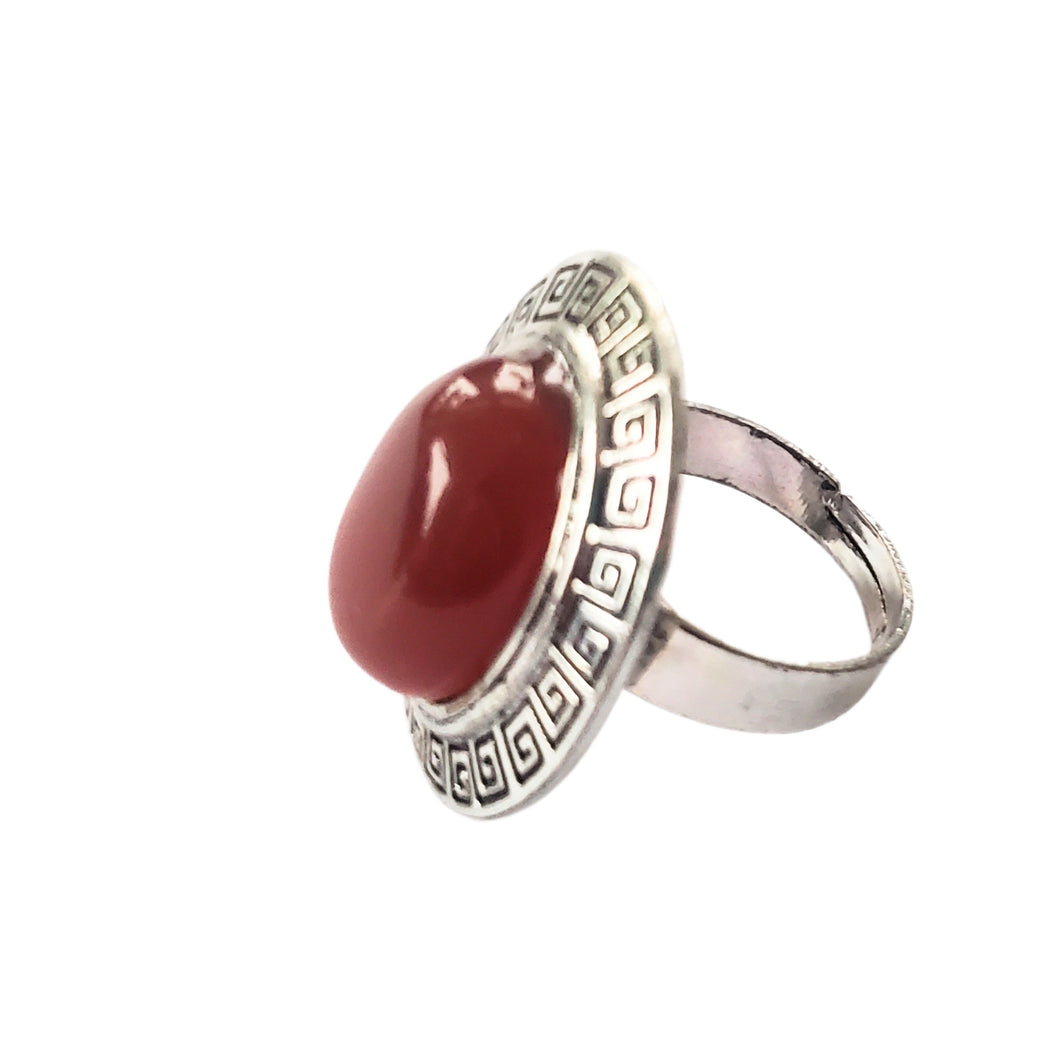 Bijuterie Inel Reglabil cu Pietre Semi-Pretioase Cabochon Oval din Argint Tibetan si Carneol Carmin Rosu