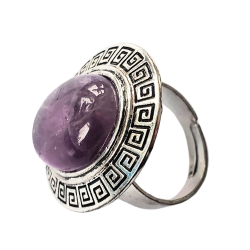 Bijuterie Inel Reglabil cu Pietre Semi-Pretioase Cabochon Oval din Argint Tibetan si Ametist Mov Purple