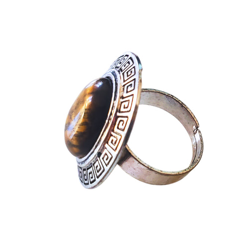 Bijuterie Inel Reglabil cu Pietre Semi-Pretioase Cabochon Oval din Argint Tibetan si Ochi de Tigru Maro