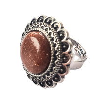 Încărcați imaginea în Galerie, Bijuterie Inel Reglabil cu Pietre Semi-Pretioase Cabochon Rotund din Argint Tibetan si Piatra Soarelui Maro Piatra Semipretioasa