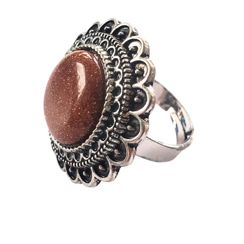 Bijuterie Inel Reglabil cu Pietre Semi-Pretioase Cabochon Rotund din Argint Tibetan si Piatra Soarelui Maro