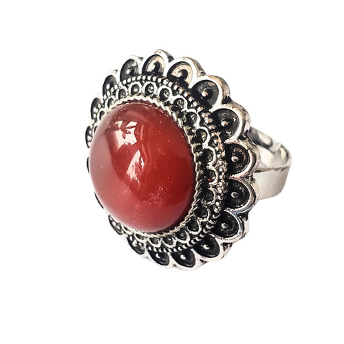 Bijuterie Inel Reglabil cu Pietre Semi-Pretioase Cabochon Rotund din Argint Tibetan si Carneol Rosu-Carmin