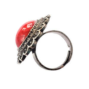 Bijuterie Inel Reglabil cu Pietre Semi-Pretioase Cabochon Rotund din Argint Tibetan si Turcoaz Reconstituit Rosu sintetic 18x18 mm