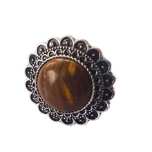 Încărcați imaginea în Galerie, Bijuterie Inel Reglabil cu Pietre Semi-Pretioase Cabochon Rotund din Argint Tibetan si Ochi de Tigru Maro piatra semipretiosa