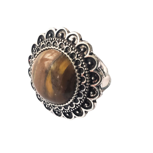 Bijuterie Inel Reglabil cu Pietre Semi-Pretioase Cabochon Rotund din Argint Tibetan si Ochi de Tigru Maro