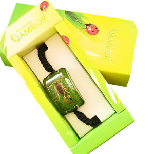 Bratara Barbateasca Snur Impletit cu Insecta Reala Scorpion Verde-Auriu in Cutie Cadou Domni Barbati Scorpion cabochon 22x36 mm