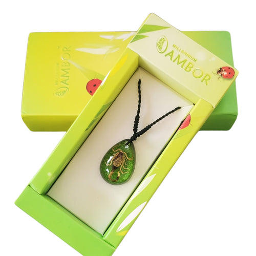 Colier cu Pandantiv din Snur Impletit cu Insecta Reala Naturala in Cutie Cadou Domni Barbati Scorpion Auriu-Verde 18x25 mm