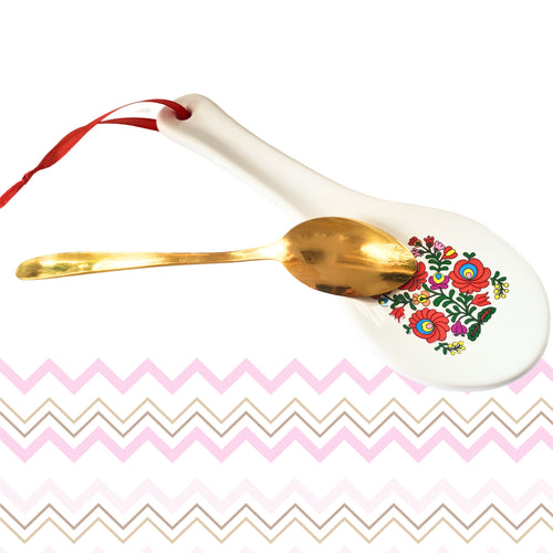 Lingura Paleta Suport din Ceramica Portelan pentru Ustensile de Bucatarie cu Motive Traditionale Broderie Taranesti Flori Rosii