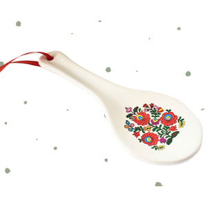 Lingura Paleta Suport din Ceramica Portelan pentru Ustensile de Bucatarie cu Motive Traditionale Broderie Taranesti Flori Rosii