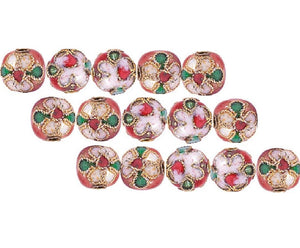 Margele Emailate Cloisonne Metalice Pirogravate cu Fir Aurit Rotunde Roz Piersica 10 mm
