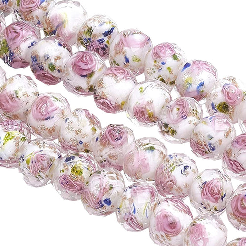 Margele din Sticla de Murano Tailandez Lampa Lampwork cu Trandafirasi Fatetate Alb-Mov-Albastre 12 mm Bijuterii