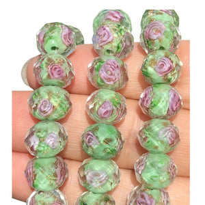 Margele din Sticla de Murano Tailandez Lampa Lampwork cu Trandafirasi Fatetate Verde Fistic 12 mm