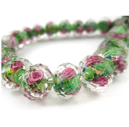 Margele din Sticla de Murano Tailandez Lampa Lampwork cu Trandafirasi Fatetate Verde Fistic 12 mm