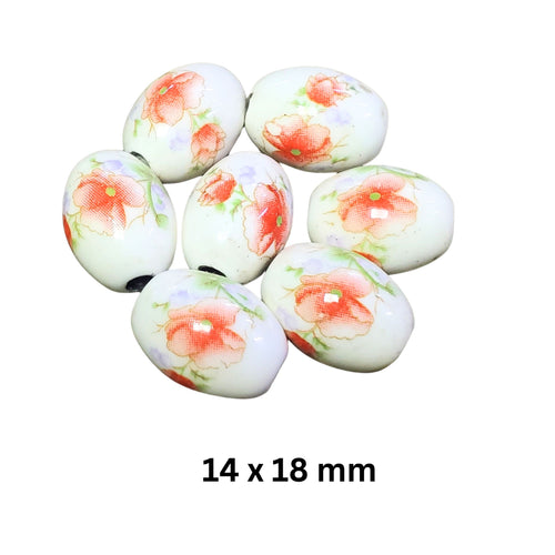 Margele din Portelan Ceramic Pictate pentru Bijuterii Ovale cu Flori Maci Portocalii-Rosii 14x18 mm 1 buc
