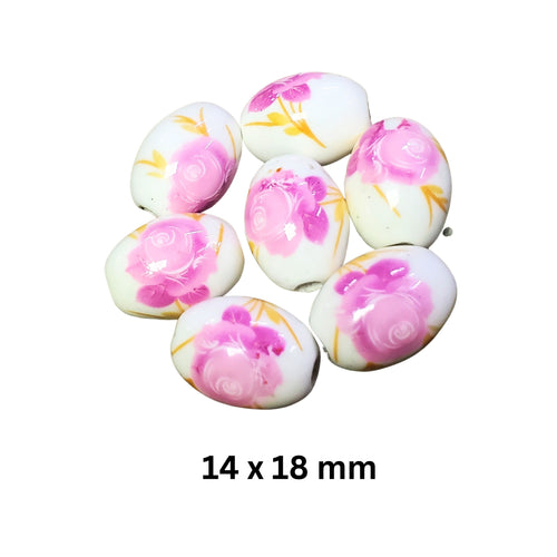 Margele din Portelan Ceramic Pictate pentru Bijuterii Ovale cu Flori Maci Roz-Auriu 14x18 mm 1 buc manual