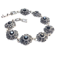 Încărcați imaginea în Galerie, Bijuterie Bratara de Mana cu Marcasite Sticla Cristale Argint Tibetan Margarete Negre Cadou Doamne Vintage aspect antichizat