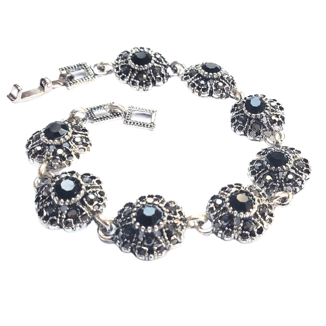 Bijuterie Bratara de Mana cu Marcasite Sticla Cristale Argint Tibetan Margarete Negre Cadou Doamne Vintage aspect antichizat