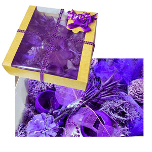 Set Cadou pentru Casa sau Gradina Dvs de Plante si Flori Uscate Naturale Pout Pourri Decorative in Cutie Cadou cu Funda Mov Mauve Inchis Conuri de Brad, Scoarta de mesteacan, Trandafiri ming, begonii