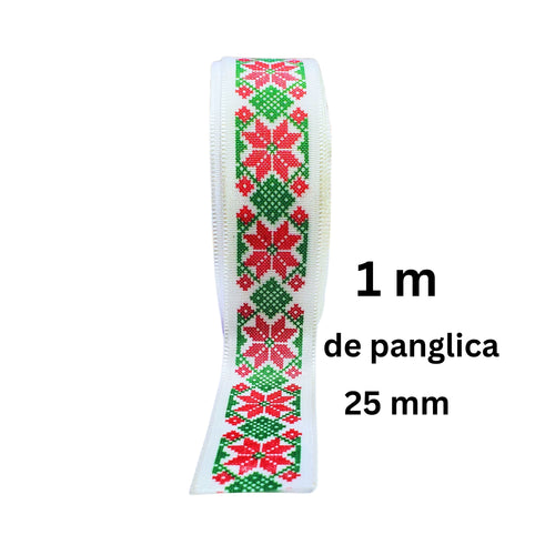 Banda Panglica Decorativa cu Motive Traditionale Taranesti de Cusut Stea Verde-Rosu 25 mm