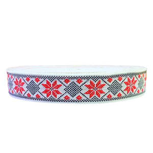Banda Panglica Decorativa Tesuta cu Motive Traditionale Etnice Taranesti Stea Rosu-Negru 25 mm 1 m Romanesti