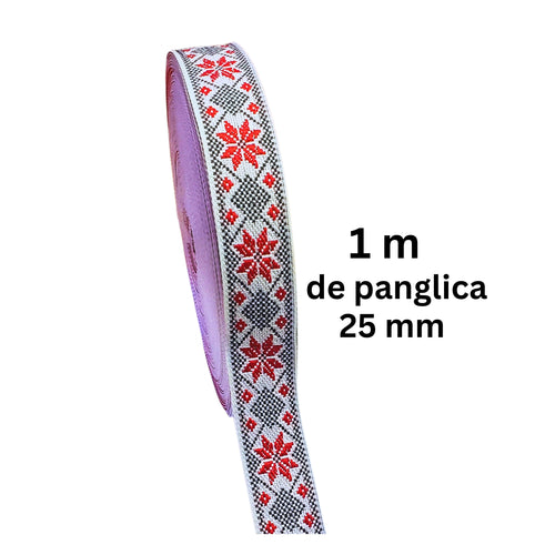 Banda Panglica Decorativa Tesuta cu Motive Traditionale Etnice Taranesti Stea Rosu-Negru 25 mm 1 m Romania Etnice Traditionala