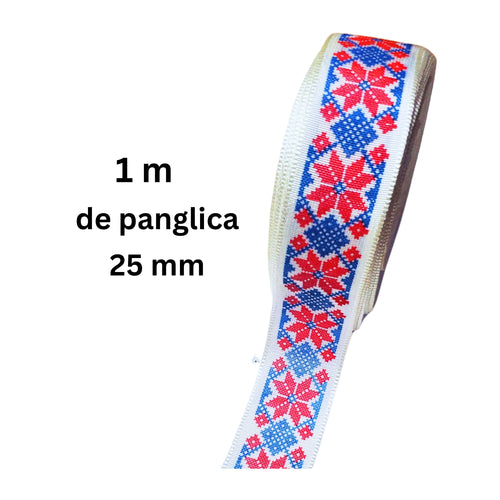 Banda Panglica Decorativa cu Motive Traditionale Etnice Taranesti Stea Rosu-Albastru 25 mm