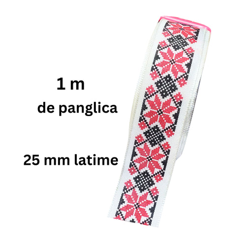 Banda Panglica Decorativa cu Motive Traditionale Etnice Taranesti Stea Rosu-Negru 25 mm Romanesti