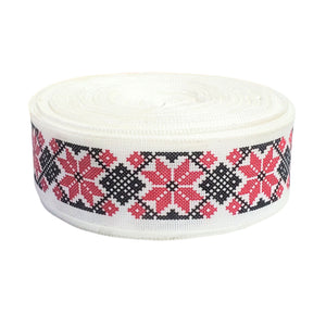 Banda Panglica Decorativa cu Motive Traditionale Etnice Taranesti Stea Rosu-Negru 25 mm Traditionala Romaneasc
