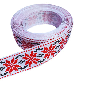 Banda Panglica Decorativa cu Motive Traditionale Etnice Taranesti Fulg Stea Rosu-Negru 25 mm Traditionala Romaneasca