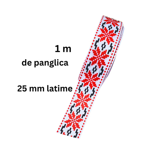 Banda Panglica Decorativa cu Motive Traditionale Etnice Taranesti Fulg Stea Rosu-Negru 25 mm