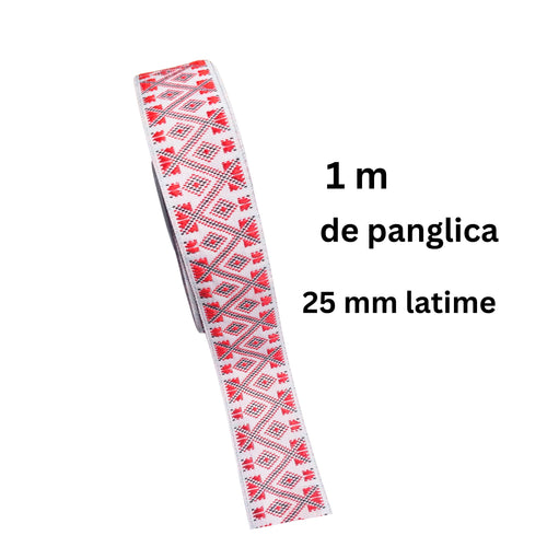 Banda Panglica Decorativa Tesuta cu Motive Traditionale Etnice Taranesti de Cusut Tesuta Rosie Romburi 25 mm