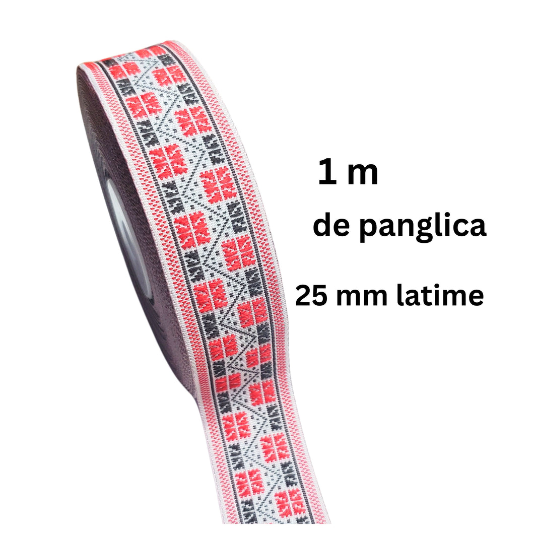 Banda Panglica Decorativa Tesuta cu Motive Traditionale Etnice Taranesti de Cusut Rosie-Neagra Patrate 25 mm