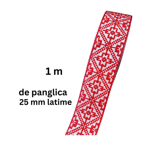 Banda Panglica Decorativa cu Motive Traditionale Taranesti de Cusut Tesuta Rosie Cruce Romb 25 mm
