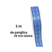 Încărcați imaginea în Galerie, Banda Panglica Decorativa cu Motive Traditionale Etnice Taranesti Rips de Cusut Romburi Albastre 25 mm