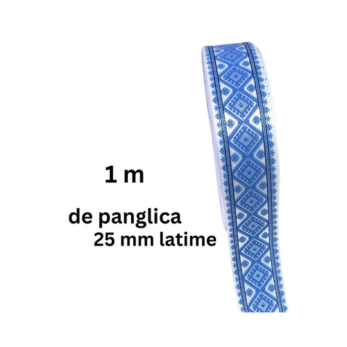 Banda Panglica Decorativa cu Motive Traditionale Etnice Taranesti Rips de Cusut Romburi Albastre 25 mm