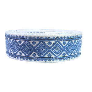 Banda Panglica Decorativa cu Motive Traditionale Etnice Taranesti Rips de Cusut Romburi Albastre 25 mmRomanesti Traditionala