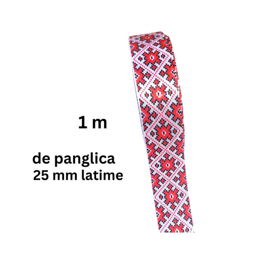 Banda Panglica Decorativa cu Motive Traditionale Etnice Taranesti Carpeta Rosie-Neagra 25 mm