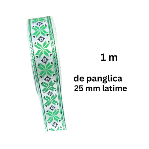 Banda Panglica Decorativa cu Motive Traditionale Etnice Taranesti Fulg Stea Cruce Verde-Negru 25 mm