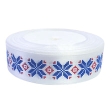 Încărcați imaginea în Galerie, Banda Panglica Decorativa cu Motive Traditionale Etnice Taranesti Fulg Stea Albastru-Rosu 25 mm
