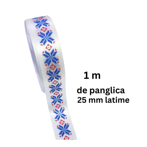 Banda Panglica Decorativa cu Motive Traditionale Etnice Taranesti Fulg Stea Albastru-Rosu 25 mm Romanesi Rips
