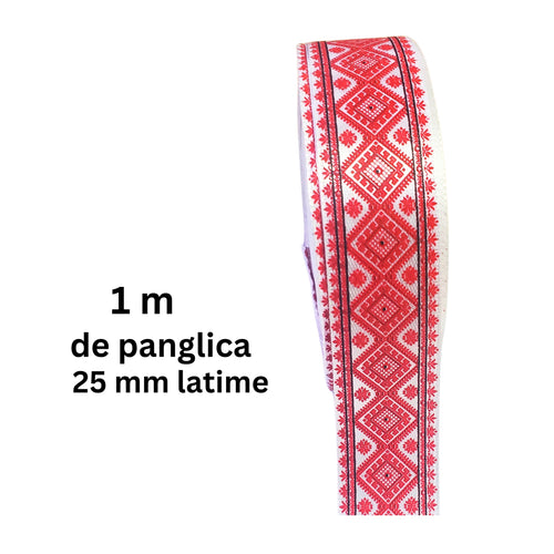 Banda Panglica Decorativa cu Motive Traditionale Taranesti Rips de Cusut Romburi Rosii 25 mm